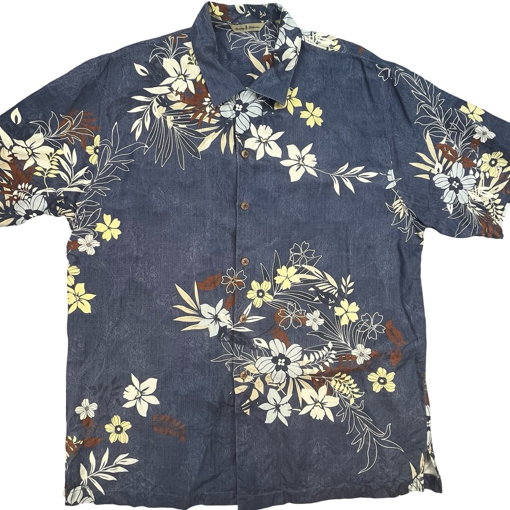 Tommy Bahama Mens Large Silk Floral Tropical Camp Shirt Navy Blue Short Sleeve‎